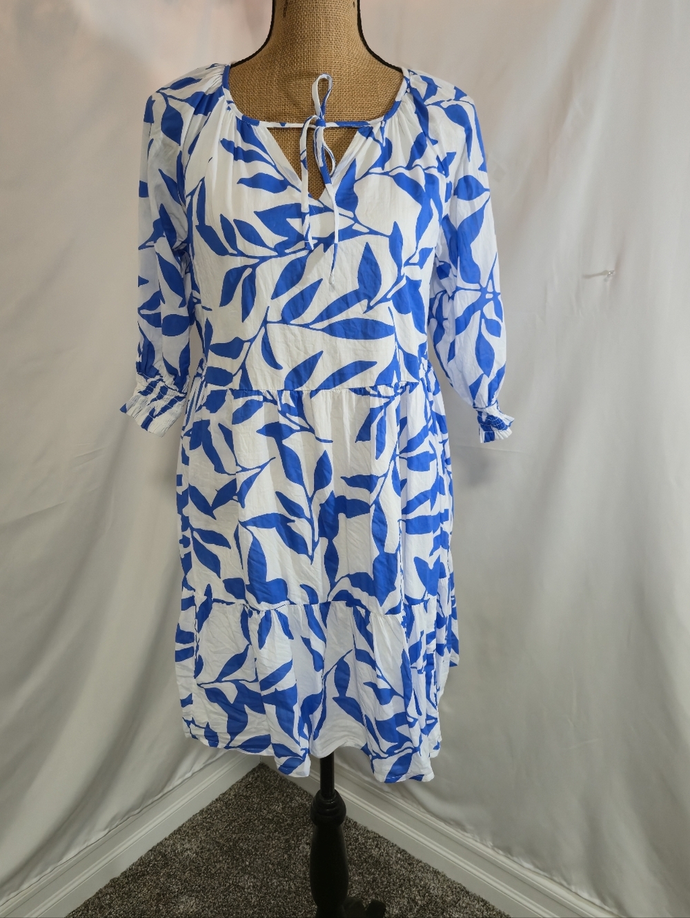 Sonoma White Dress with Bold Blue Leaf Print and Tie Neck